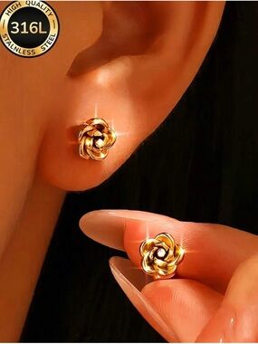 🌺 New Gold Rose Stud Earrings - Elegant Floral Women’s Jewelry stainless steel